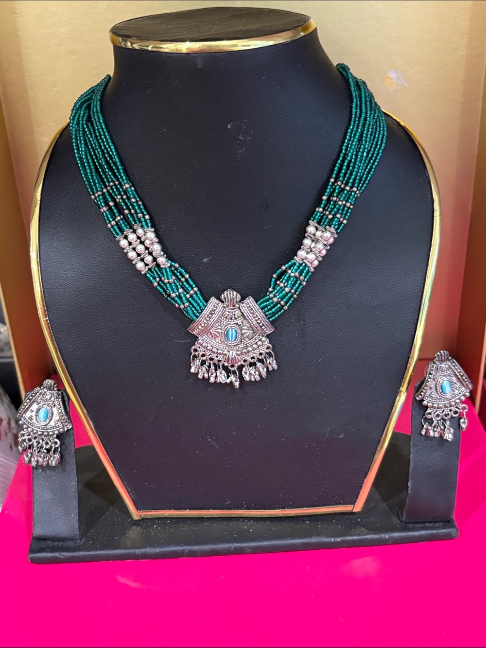 Emerald Green Beaded Statement Necklace Set - Tribal Silver Pendant